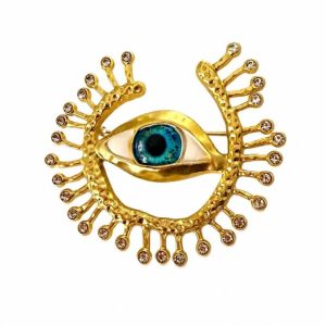 Brass eye brooch pin with crystal
