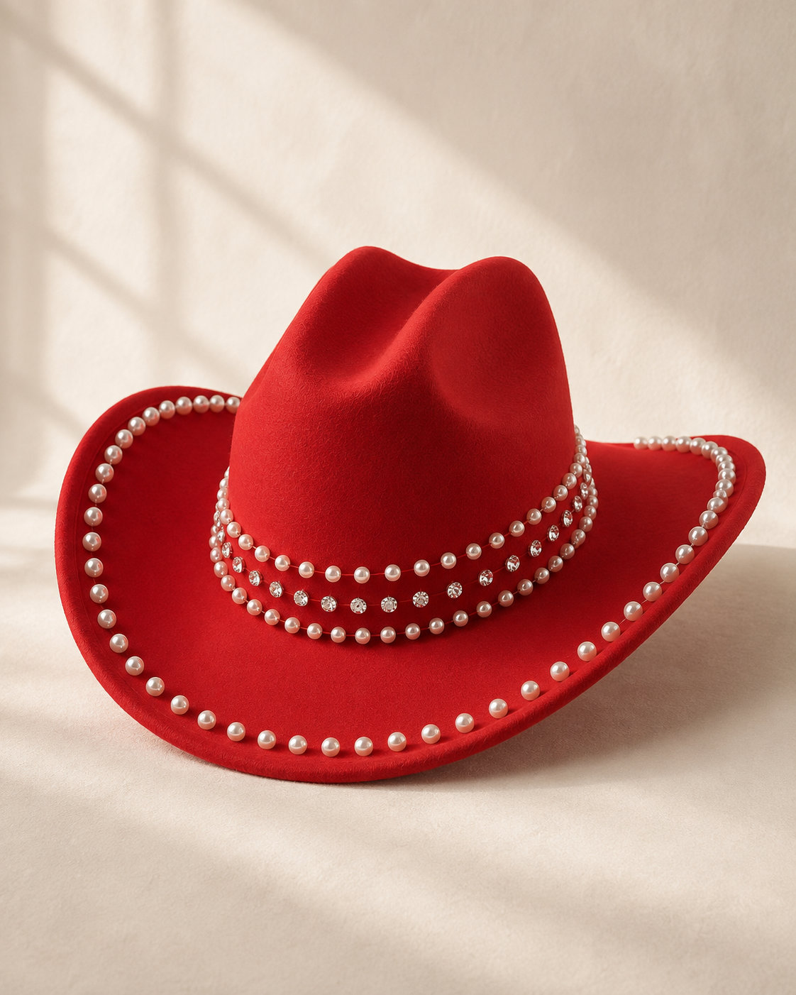 Red cowboy hat with pearl and rhinestone trim, accessories category