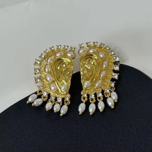 Exaggerated Rhinestone Pearl Ear Earrings in Gold Tone, view 1