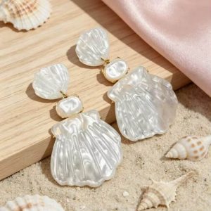 Statement Handmade White Pearl Shell Drop Earrings, view 1