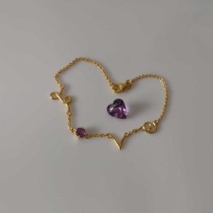 Amethyst Love gold chain bracelet with a heart charm