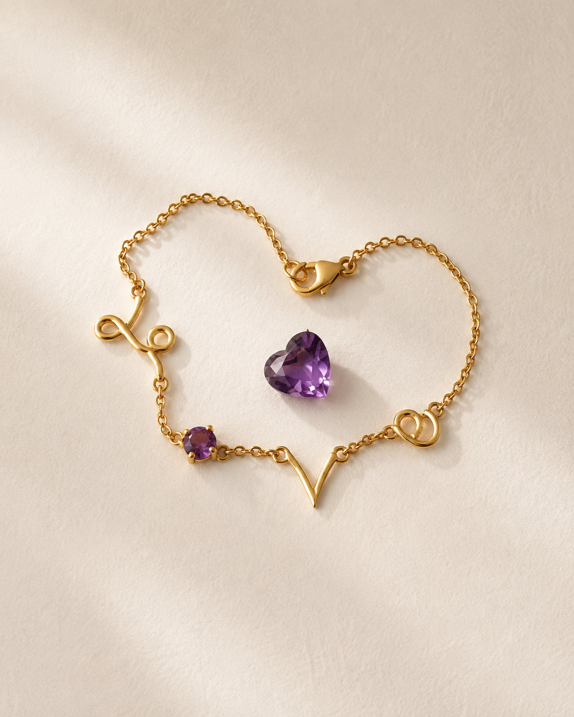 Gold chain bracelet with an amethyst heart, jewelry category